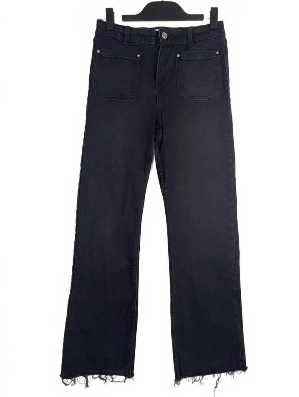 Zara High Rise Wide Leg Jeans Faded Black Front Patch Pocket Raw Frayed Hem Sz 2